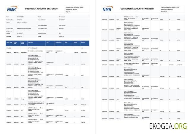 Relevé de compte bancaire NMB de Tanzanie Modèle Word et PDF, 2 pages